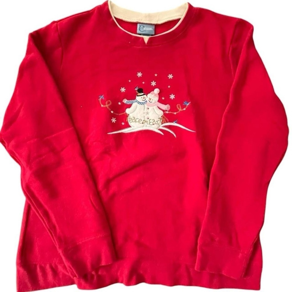 Red Christmas crewneck sweatshirt with embroidered snowman and snowflakes